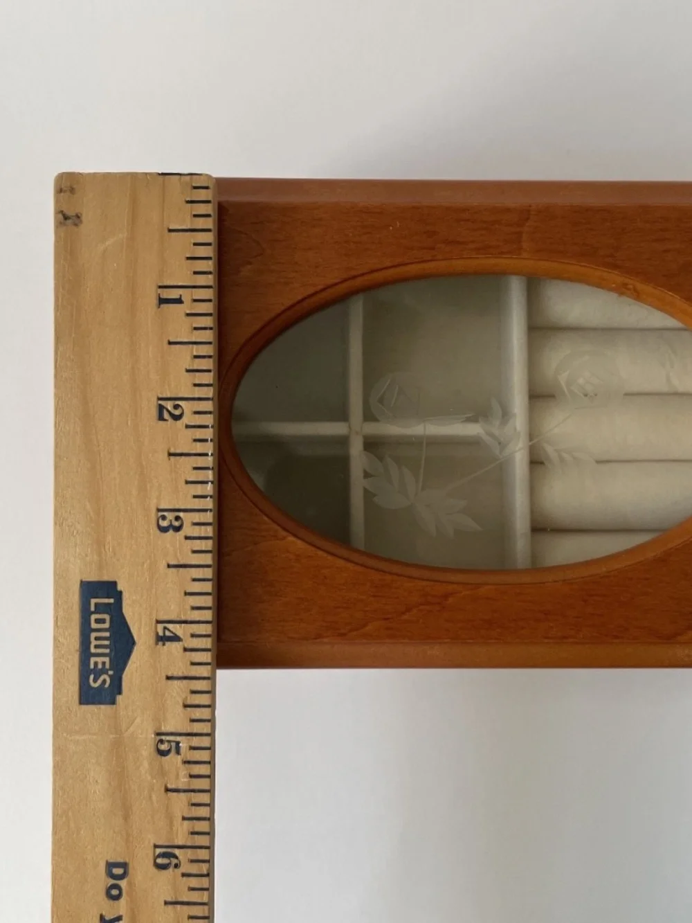 Vintage Small Wood Jewelry Box Glass Lid Etched Flower Design Trinket Box